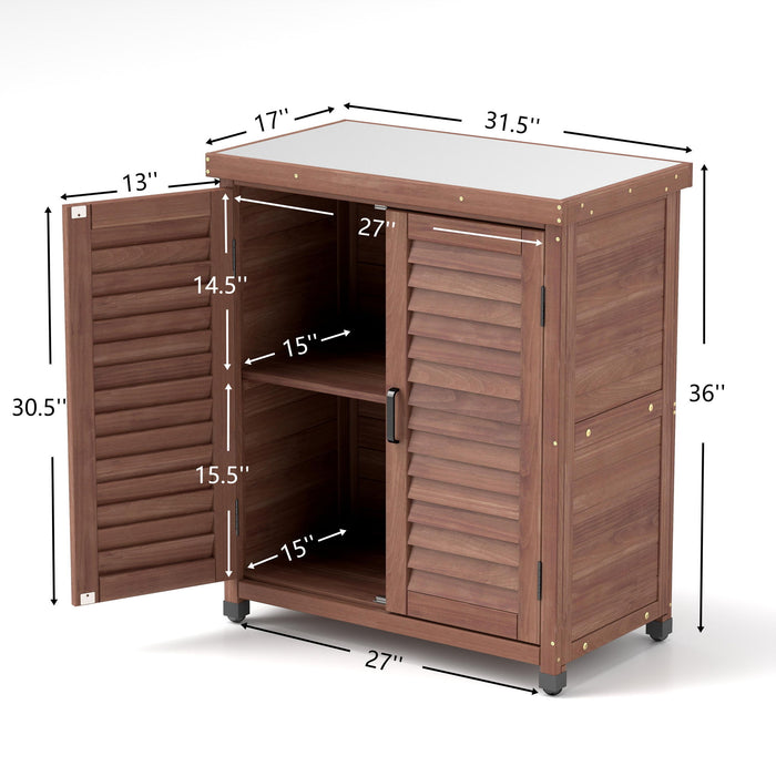 Giga potting bench with storage cabinet and metal tabletop, ideal for outdoor gardening and workspace organization.