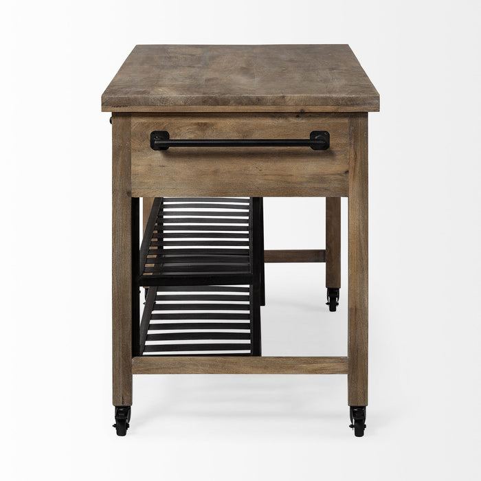 Solid Wood Top Kitchen Island With Two Tier Metal Rolling - Brown