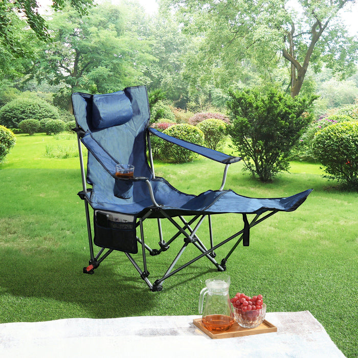 Giga outdoor camping arm chair in dark blue with 3-level recline, side pockets, cup holder, foldable design, and carry bag.