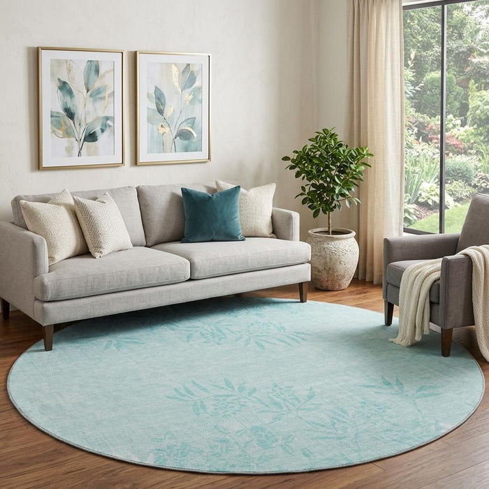 8' Floral Washable Round Rug With UV Protection (655677) - Teal / Ivory