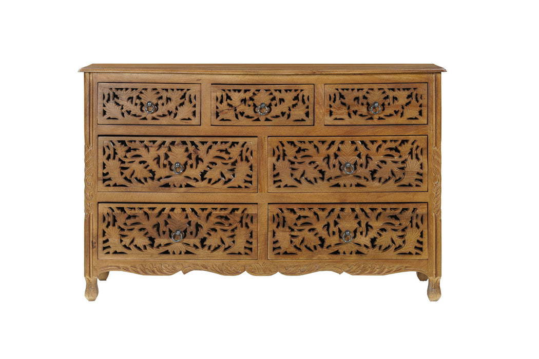 Carved Floral Solid Wood Seven Drawer Dresser - Brown