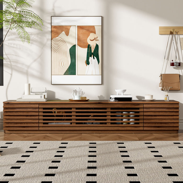 Giga walnut TV stand for TVs with cable management and soft closing hinges, showcasing a modern entertainment center design.