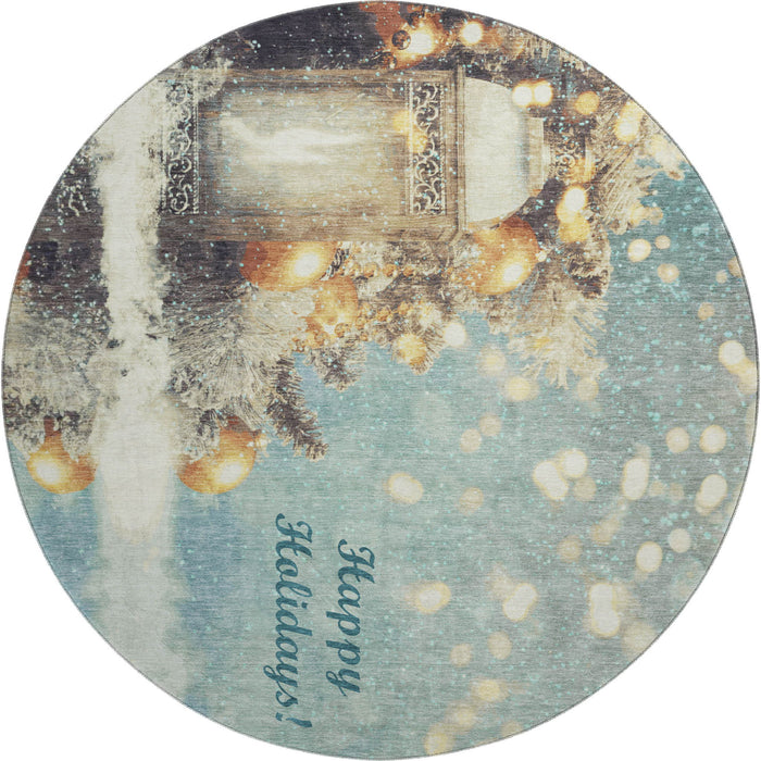 8' Christmas Distressed Washable Round Rug With UV Protection (646418) - Blue / Gold / Ivory
