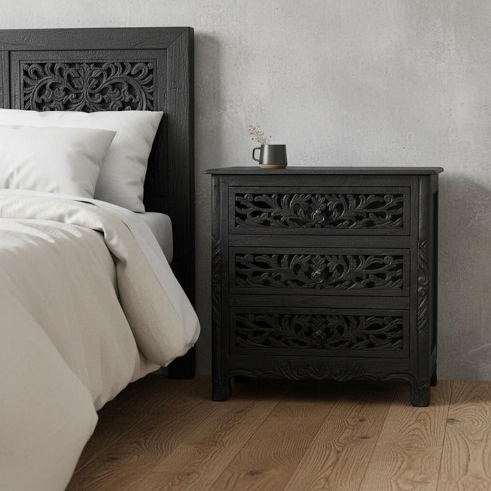 Three Drawer Floral Carved Solid Wood Nightstand - Distressed Black