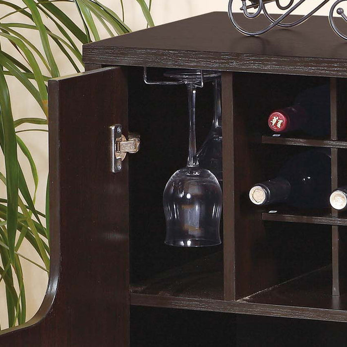 Giga red cocoa wine cabinet with two doors, removable wine rack, metal wine glass racks, and four shelves for storage.