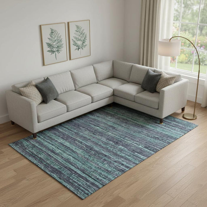 10' X 14' Striped Washable Area Rug With UV Protection (705611) - Teal / Gray