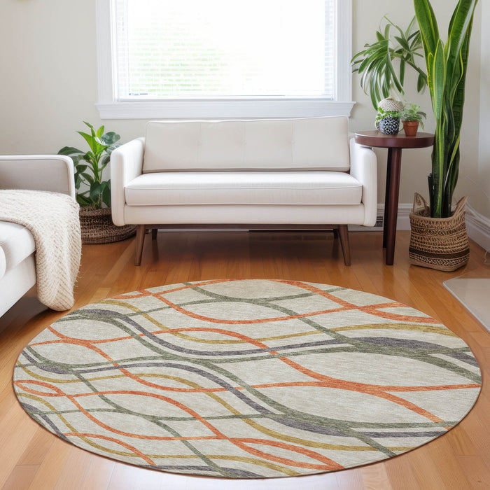 8' Abstract Washable Round Rug With UV Protection - Orange