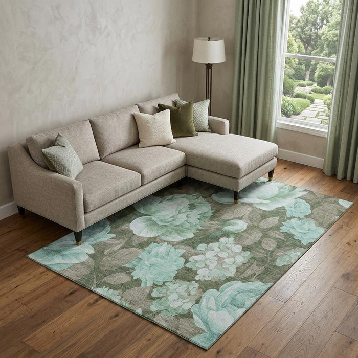 10' X 14' Floral Washable Area Rug With UV Protection (694454) - Pale Aqua / Brown