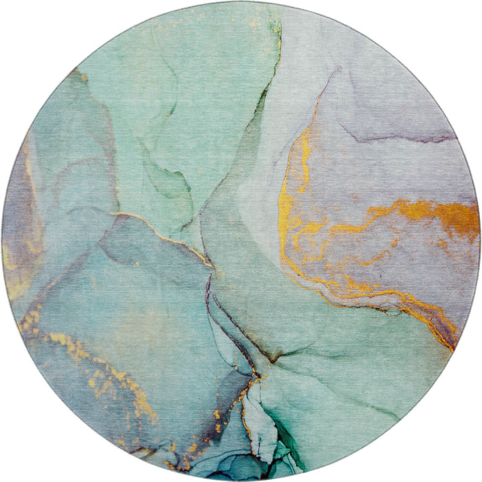 8' Abstract Washable Round Rug With UV Protection (646843) - Teal / Gold / Ivory