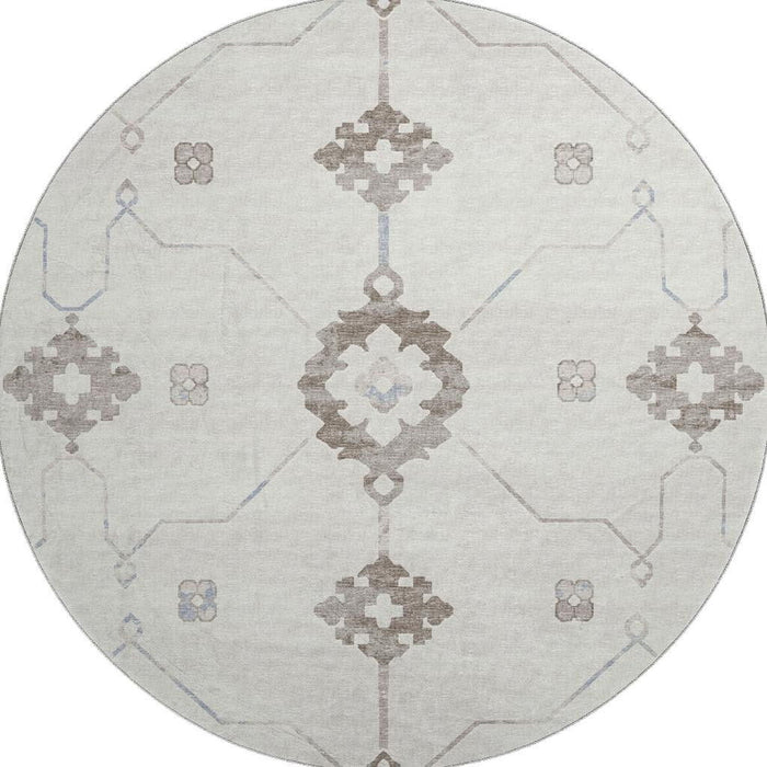 8' Floral Medallion Washable Round Rug With UV Protection - Taupe And Ivory