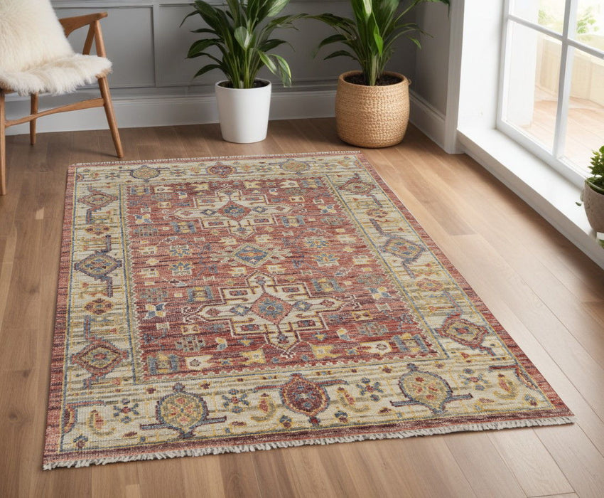 4' x 6' Wool Oriental Hand Knotted Area Rug With Fringe - Ivory Red And Gold