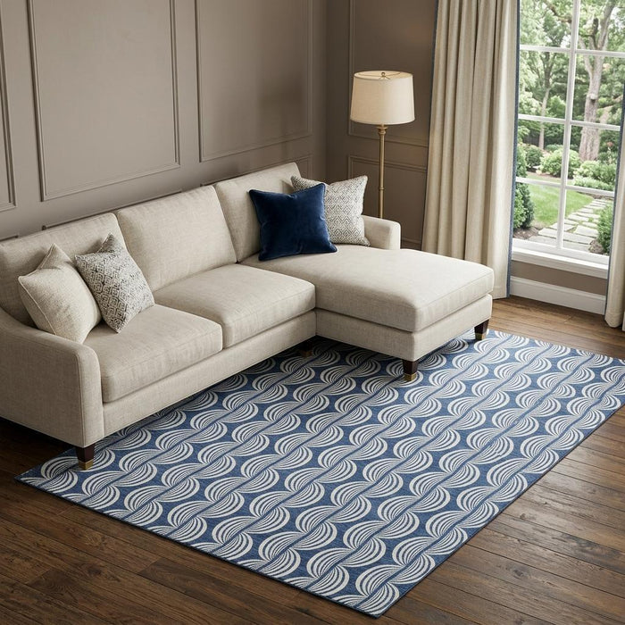 10' X 14' Ogee Washable Area Rug With UV Protection (682739) - Navy Blue / Ivory