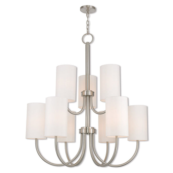 49-inch nickel nine-light metal chandelier with off-white shades, dimmable lighting, perfect for modern dining rooms.