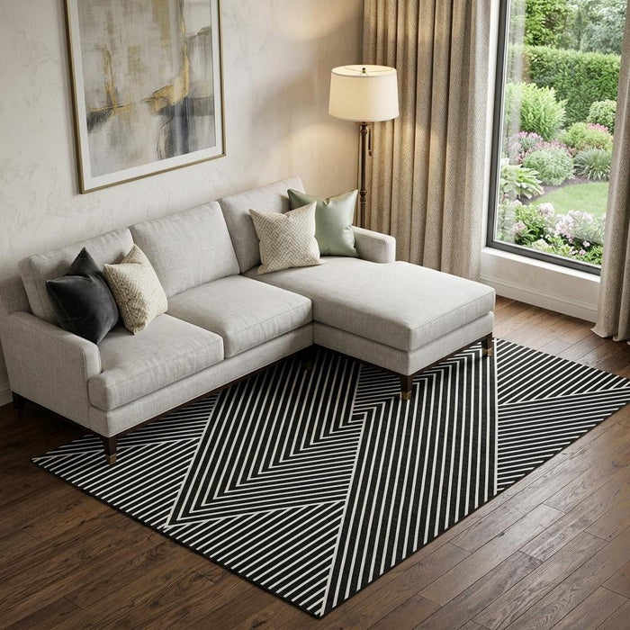 10' X 14' Geometric Washable Area Rug With UV Protection (674634) - Black / Ivory