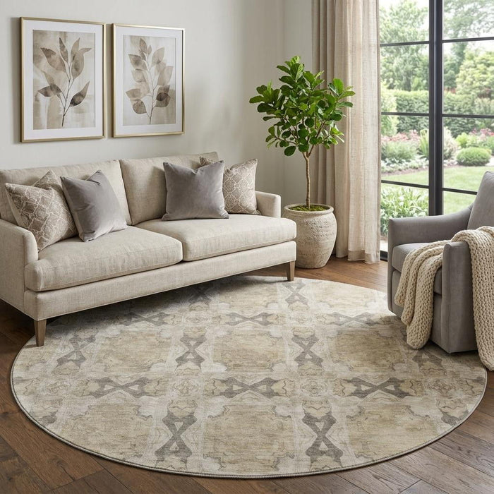 8' Floral Medallion Washable Round Rug With UV Protection (649459) - Beige / Gray / Ivory