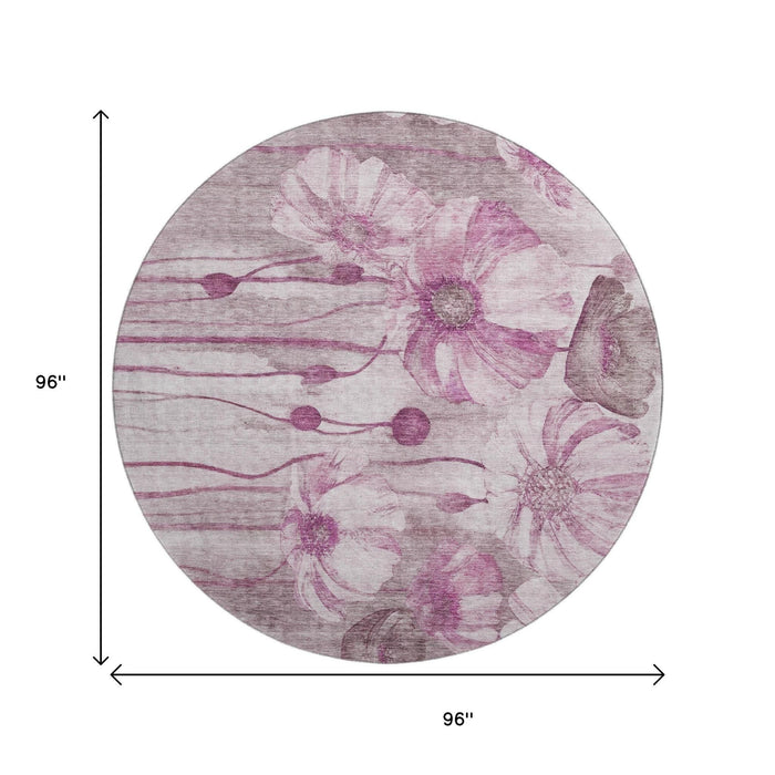 8' Floral Washable Round Rug With UV Protection (657308) - Plum / Ivory