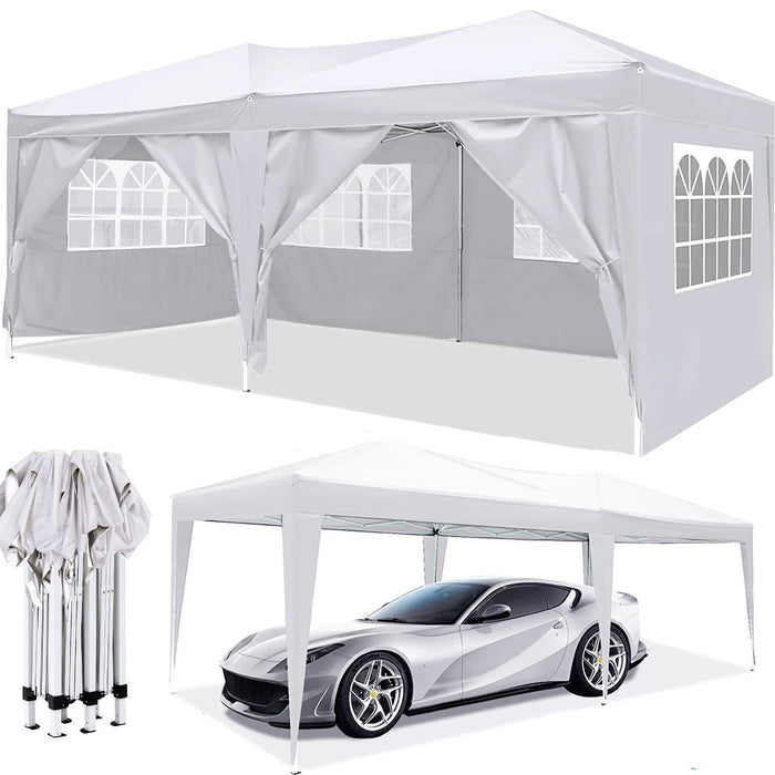 Giga 10x20 ft portable outdoor pop-up canopy with removable sidewalls, carry bag, and weight bags for outdoor events.