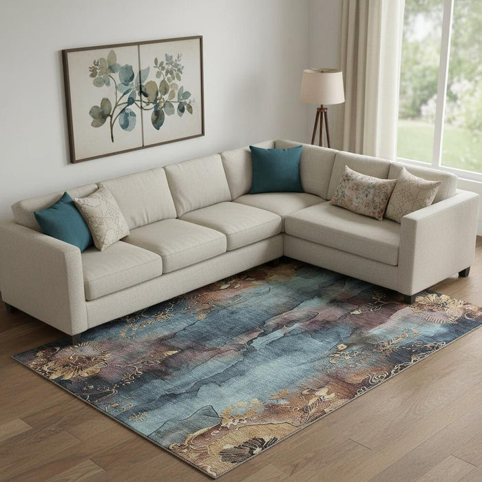 10' X 14' Floral Washable Area Rug With UV Protection (706313) - Blue / Gold / Copper