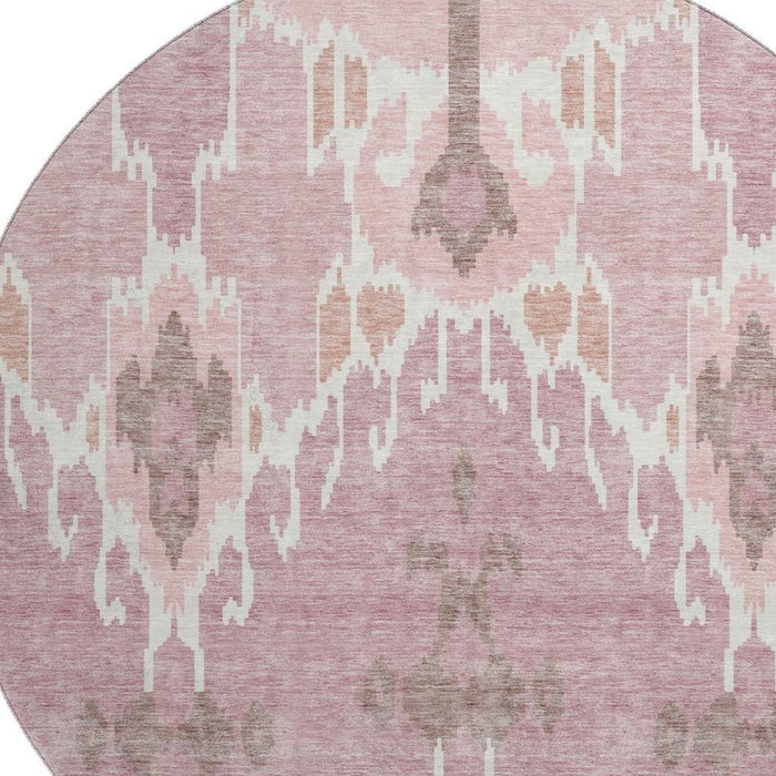8' Ikat Washable Round Rug With UV Protection - Blush And Ivory