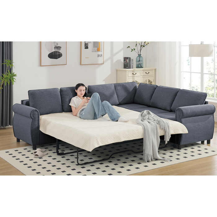 [NEW ARRIVED] [VIDEO PROVIDED] Sleeper Sofa, 2 in 1 Pull Out Couch Bed,6 seater sofa bed, L Shaped Sleeper Sectional Sofa Couch,Riveted sofa,104'' Large combined sofa Bed in living room, GRAY