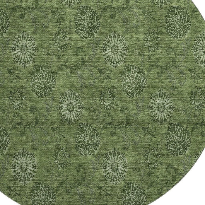 8' Floral Washable Round Rug With UV Protection - Olive Green And Ivory