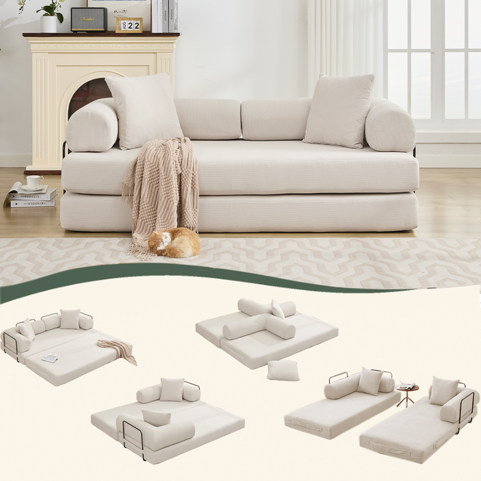[NEW ARRIVED] [VIDEO PROVIDED] 78.5' Folding Convertible Out Sleeper Sofa Bed,4-in-1 DIY Combination Convertible Sofa, 3 seat, Folding Sleeper Sofa, King Size , Bedroom,Apartment,Corduroy,Beige