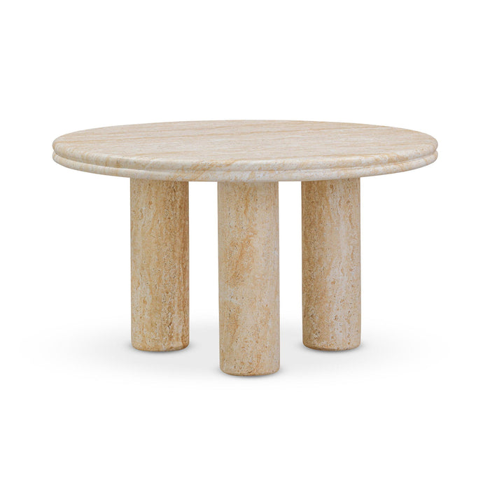 Set of two TOV Furniture Amora indoor and outdoor nesting accent tables with travertine tops, ideal for versatile living spaces.
