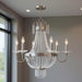 HomeRoots 28-inch six-light metal chandelier with shades, dimmable, in nickel finish with clear glass shades for modern lighting.
