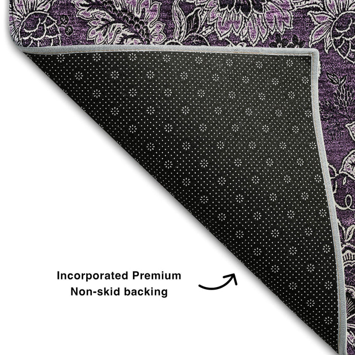 10' X 14' Floral Washable Area Rug With UV Protection (655054) - Eggplant / Gray