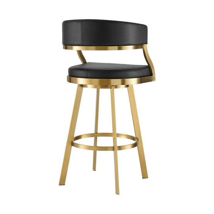 26" Faux Leather And Stainless Steel Low Back Counter Height Swivel Bar Chair - Black / Gold