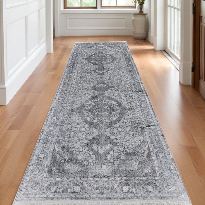 12' Oriental Power Loom Worn Faded Runner Rug - Gray And Silver