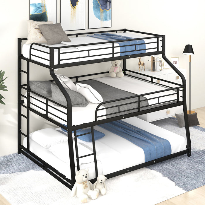 Giga black twin, full, or queen triple bunk bed with long and short ladders, full-length guardrails, and sturdy construction