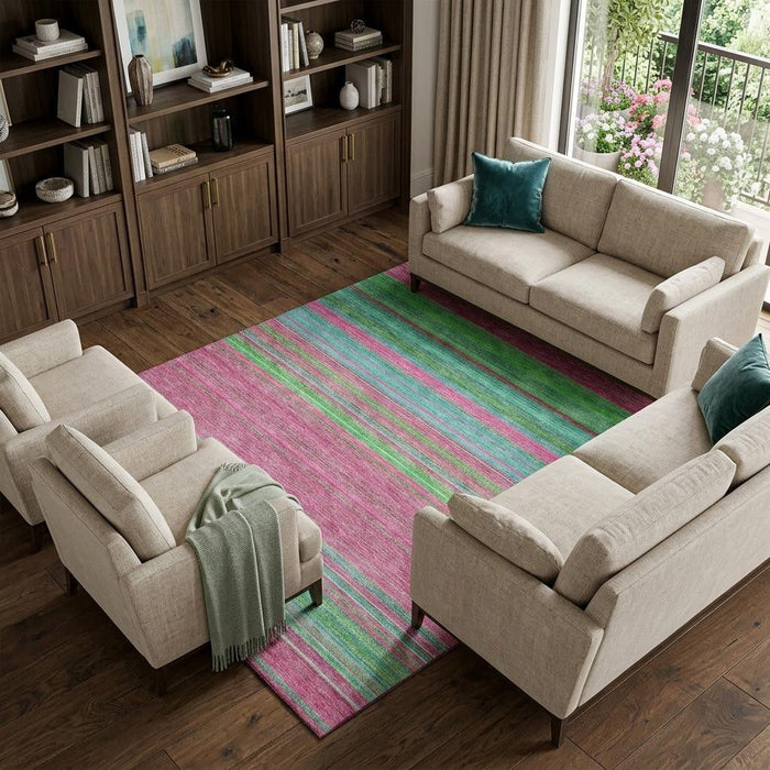 10' X 14' Striped Washable Area Rug With UV Protection (677297) - Blush / Green / Blue