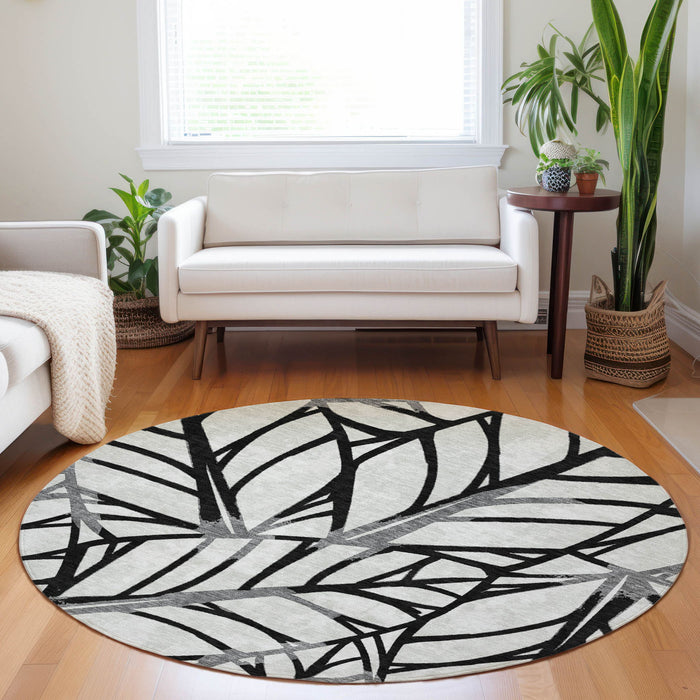 8' Floral Washable Round Rug With UV Protection - Black And Beige