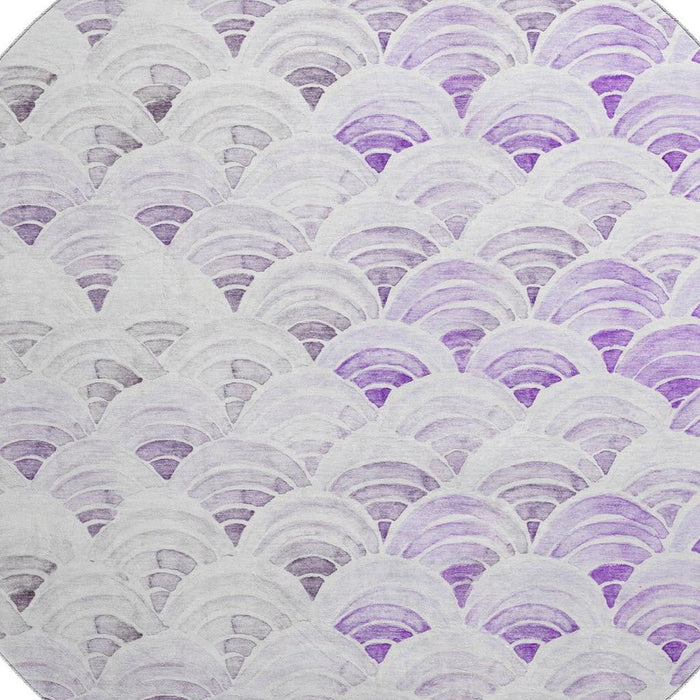 8' Geometric Washable Round Rug With UV Protection (645795) - Purple / Ivory / Gray