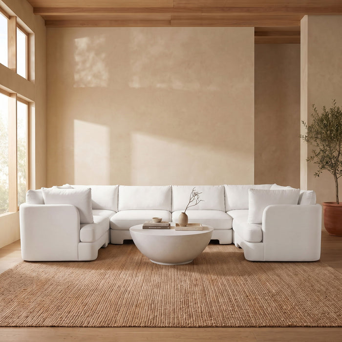 Meridian Furniture Hammond velvet performance fabric 6-piece U-shaped sectional sofa with plush cushions and modern design.