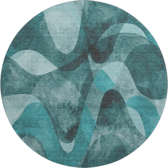 8' Abstract Washable Round Rug With UV Protection (648103) - Teal / Ivory