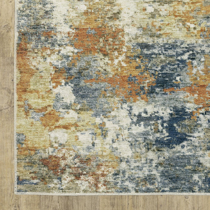 8' x 10' Abstract Printed Stain Resistant Non Skid Area Rug - Teal Blue Orange Gold Gray Tan Brown And Beige