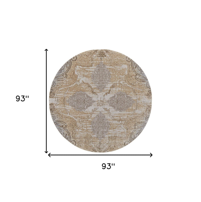 8' Round Medallion Power Loom Distressed Area Rug - Gray And Brown