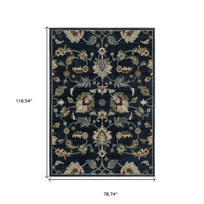 7' X 10' Oriental Area Rug With Fringe - Dark Blue