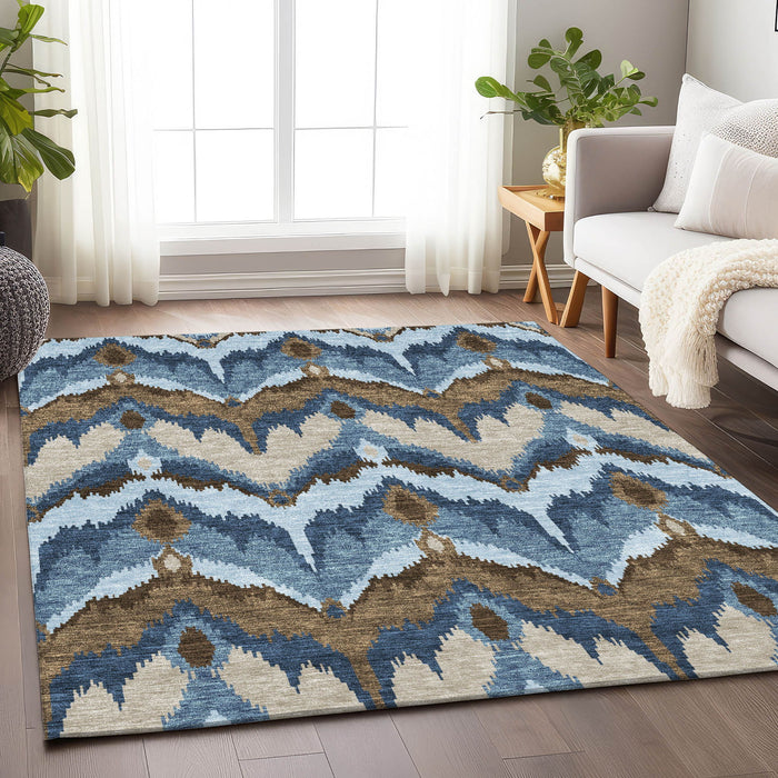 9' X 12' Ikat Washable Area Rug With UV Protection - Blue