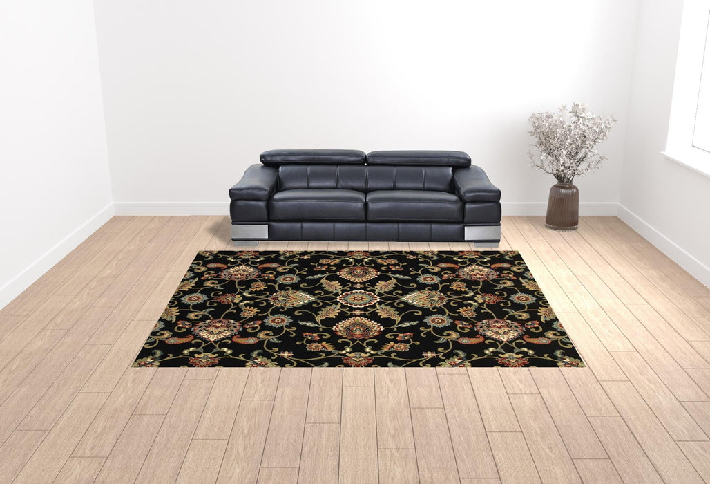 10' x 13' Floral Power Loom Stain Resistant Area Rug - Black Red Green Ivory Salmon And Yellow