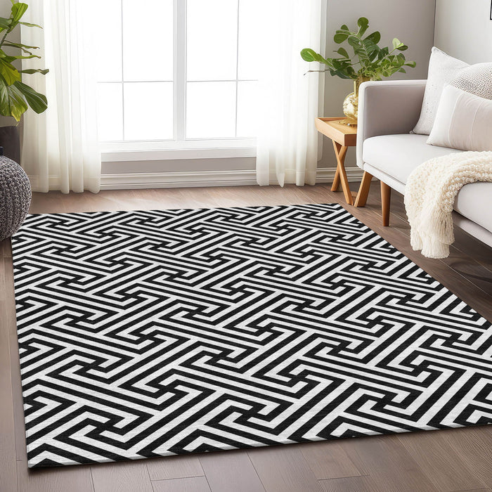 14' X 10' Geometric Washable Area Rug With UV Protection - Black And Ivory