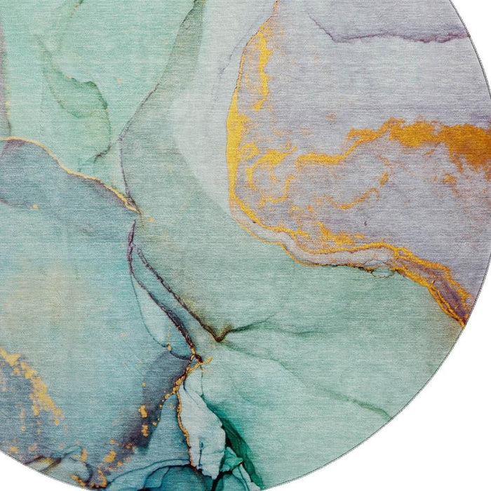 8' Abstract Washable Round Rug With UV Protection (646843) - Teal / Gold / Ivory