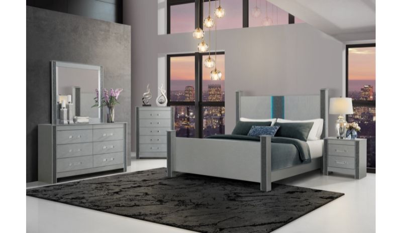 silver dresser with mirror and nightstand set Modern Silver Finish 5pc Bedroom Queen Bed Button Tufted Headboard Dresser Mirror Nightstand Chest Set Wooden Bedroom Furniture
