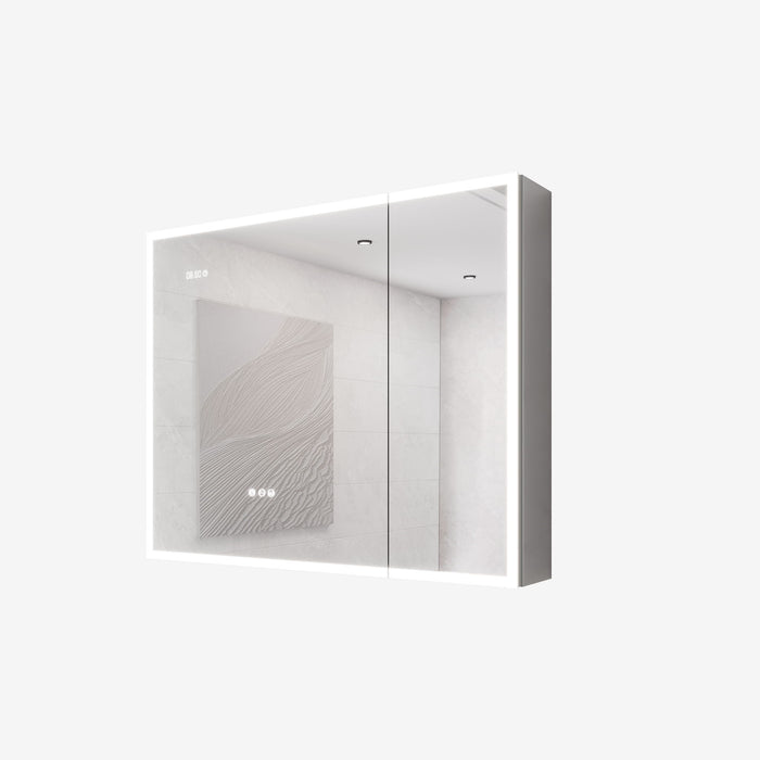 Giga LED bathroom medicine cabinet with mirror, built-in lights, and defogger, installed in a modern bathroom setting