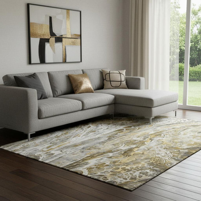 10' X 14' Abstract Washable Area Rug With UV Protection (650926) - Brown / Gray / Ivory