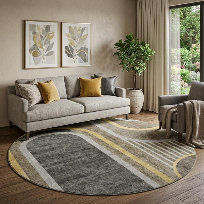 8' Geometric Washable Round Rug With UV Protection (647929) - Taupe / Gold
