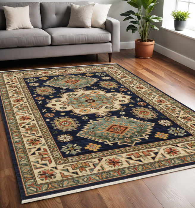 5' x 8' Oriental Power Loom Stain Resistant Area Rug With Fringe - Navy Charcoal Orange Rust Gold Pale Blue Olive Beige And Salmon