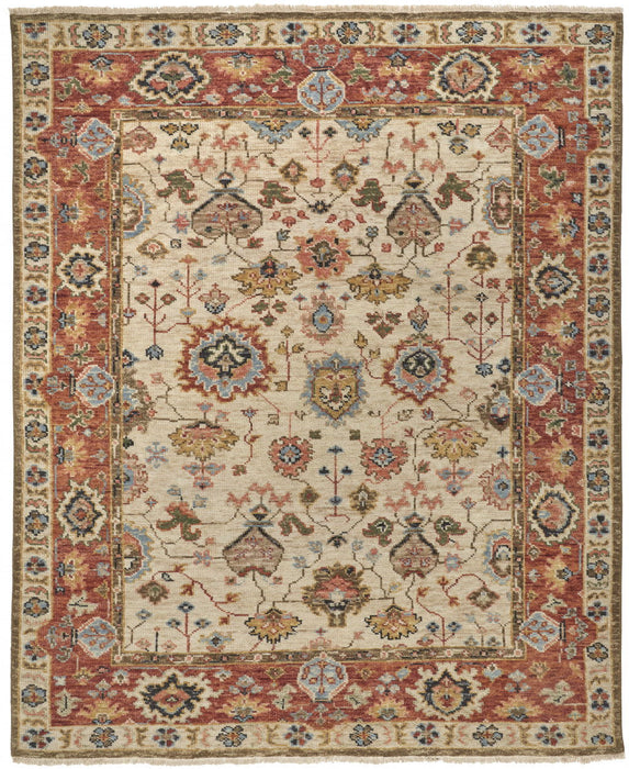4' x 6' Wool Floral Hand Knotted Stain Resistant Area Rug - Ivory Red And Blue